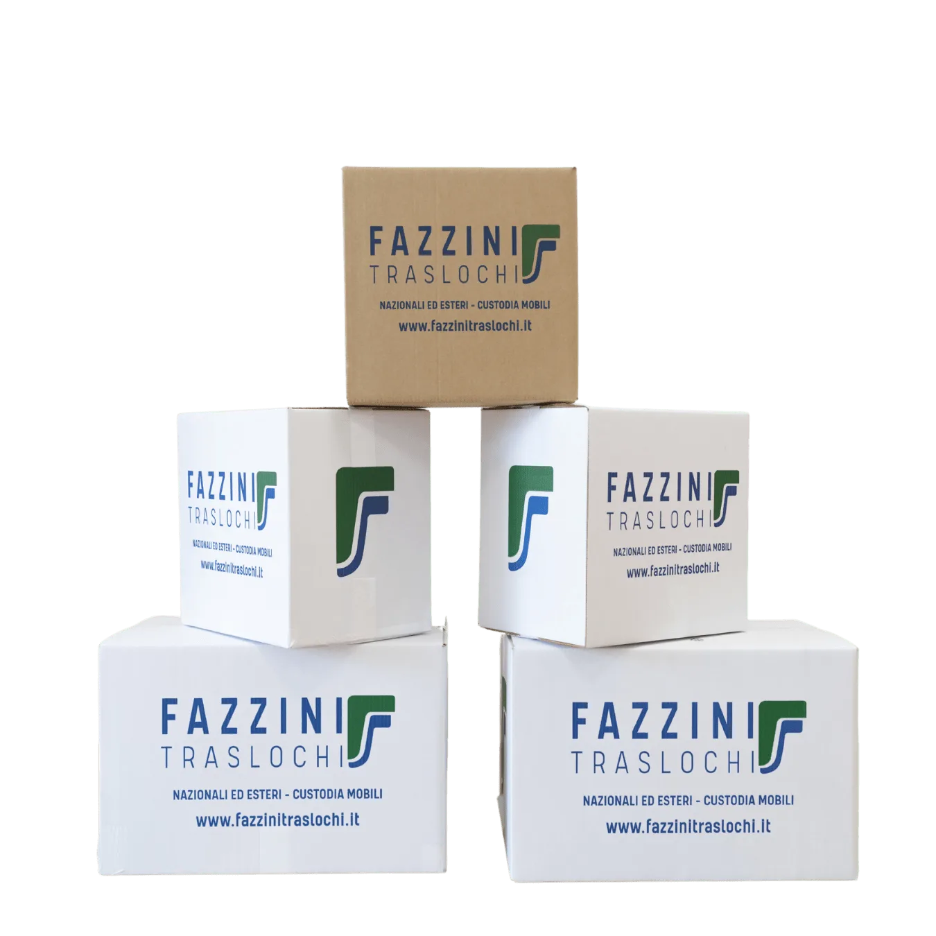 Scatoloni con logo Fazzini Traslochi impilati